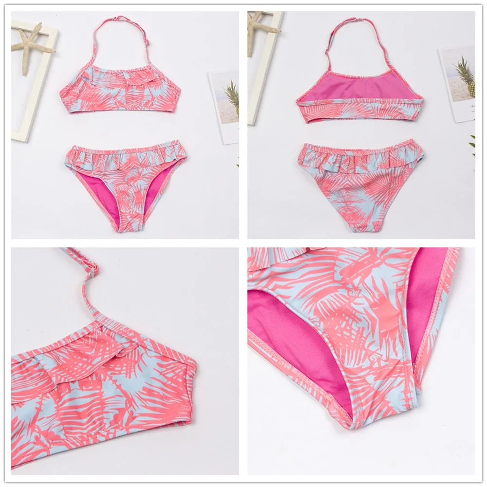 Girls Salmon & Blue Floral Bikini Set
