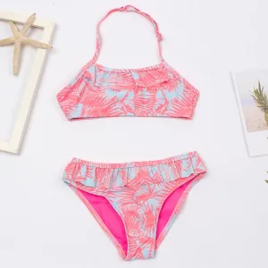 Girls Salmon & Blue Floral Bikini Set