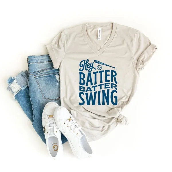 Hey Batter Batter Wavy Graphic V-Neck Tee