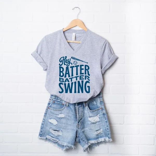Hey Batter Batter Wavy Graphic V-Neck Tee