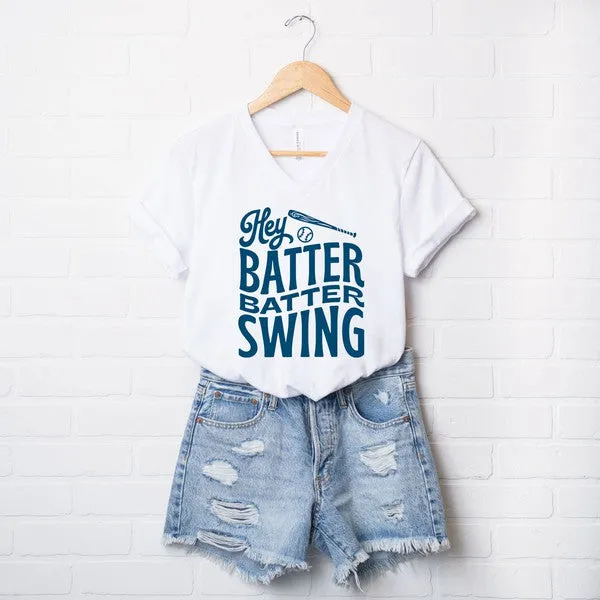 Hey Batter Batter Wavy Graphic V-Neck Tee