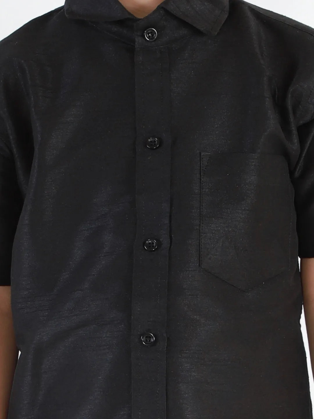 Jashvi Boys' Black Silk Short Sleeves Ethnic Shirt Mundu Vesty Style Dhoti Pant Set