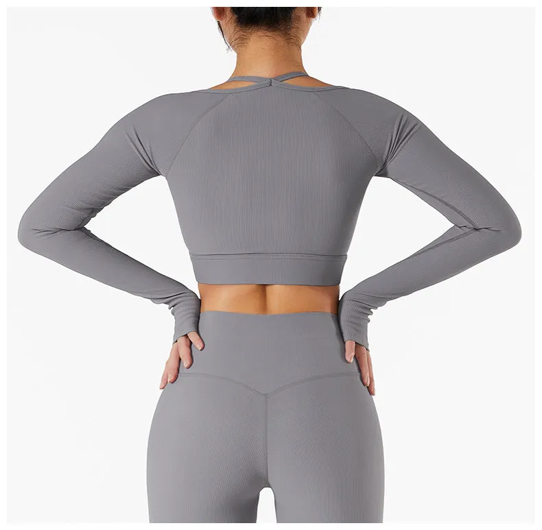 Long Sleeve Yoga With Chest Pads Quick Dry Fitness Clothes Gym Tight Sports Yoga Crop Top