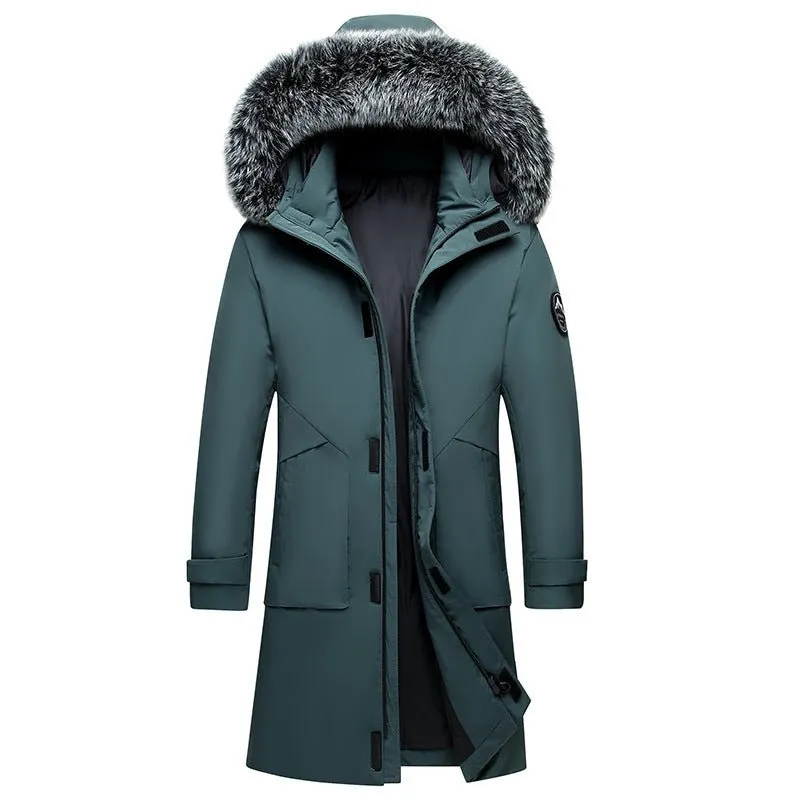Men's Hooded Mid-Length Down Stuffed Warm Cold-Resistant Winter Jacket