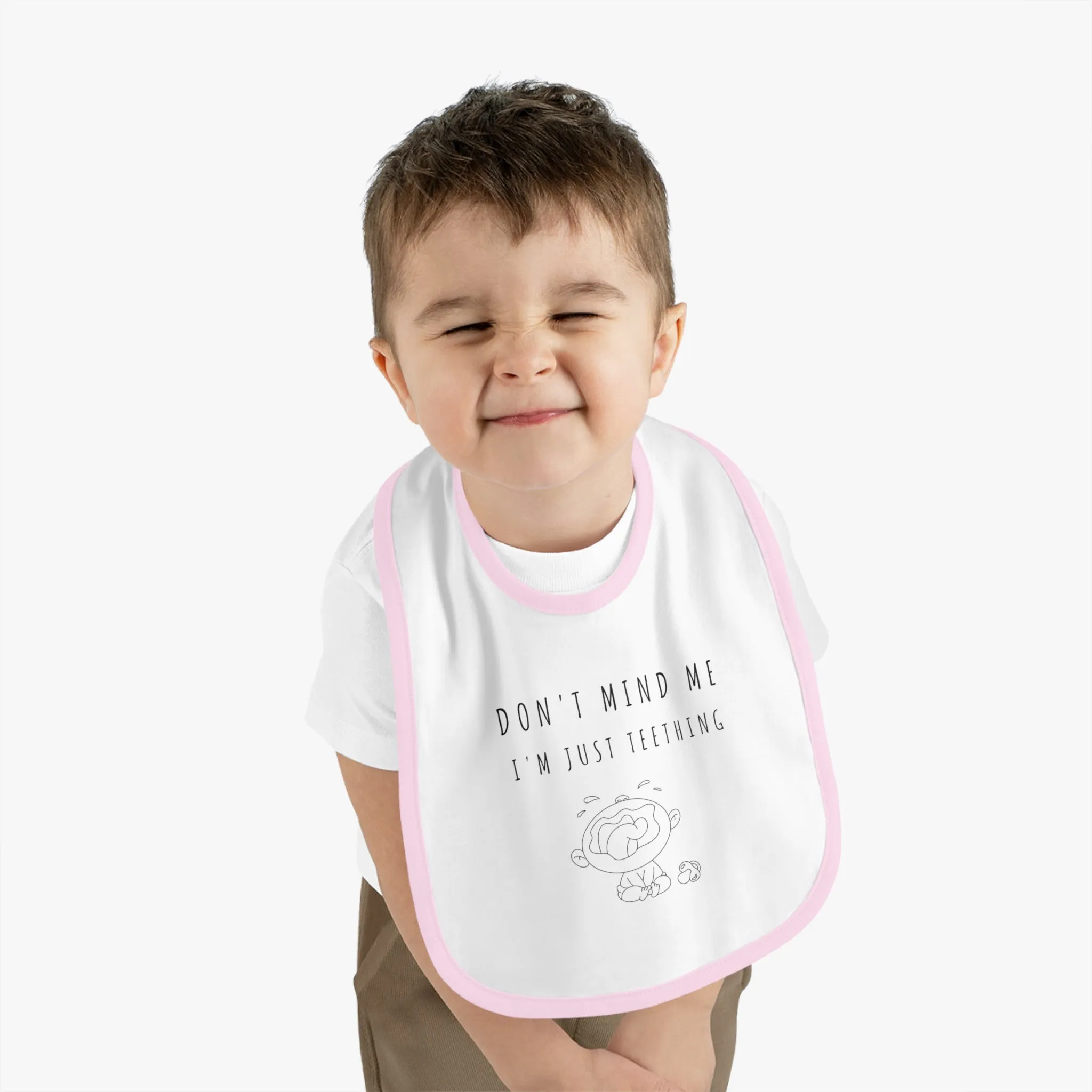 "Don't Mind Me - I'm Just Teething" - Baby Contrast Trim Jersey Bib - BW