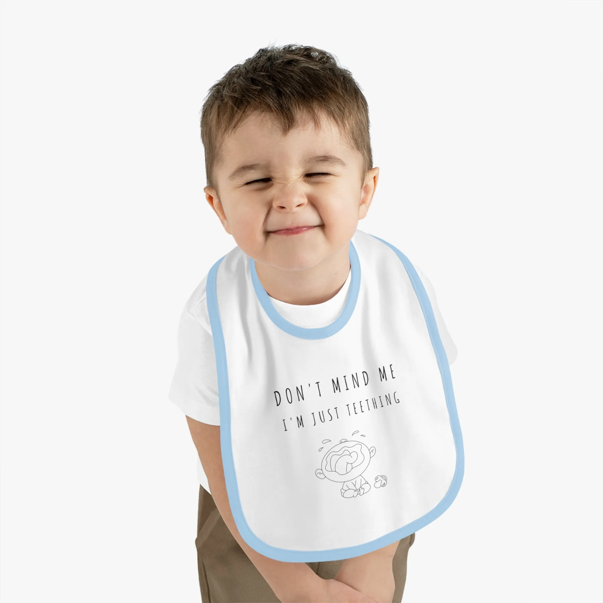 "Don't Mind Me - I'm Just Teething" - Baby Contrast Trim Jersey Bib - BW