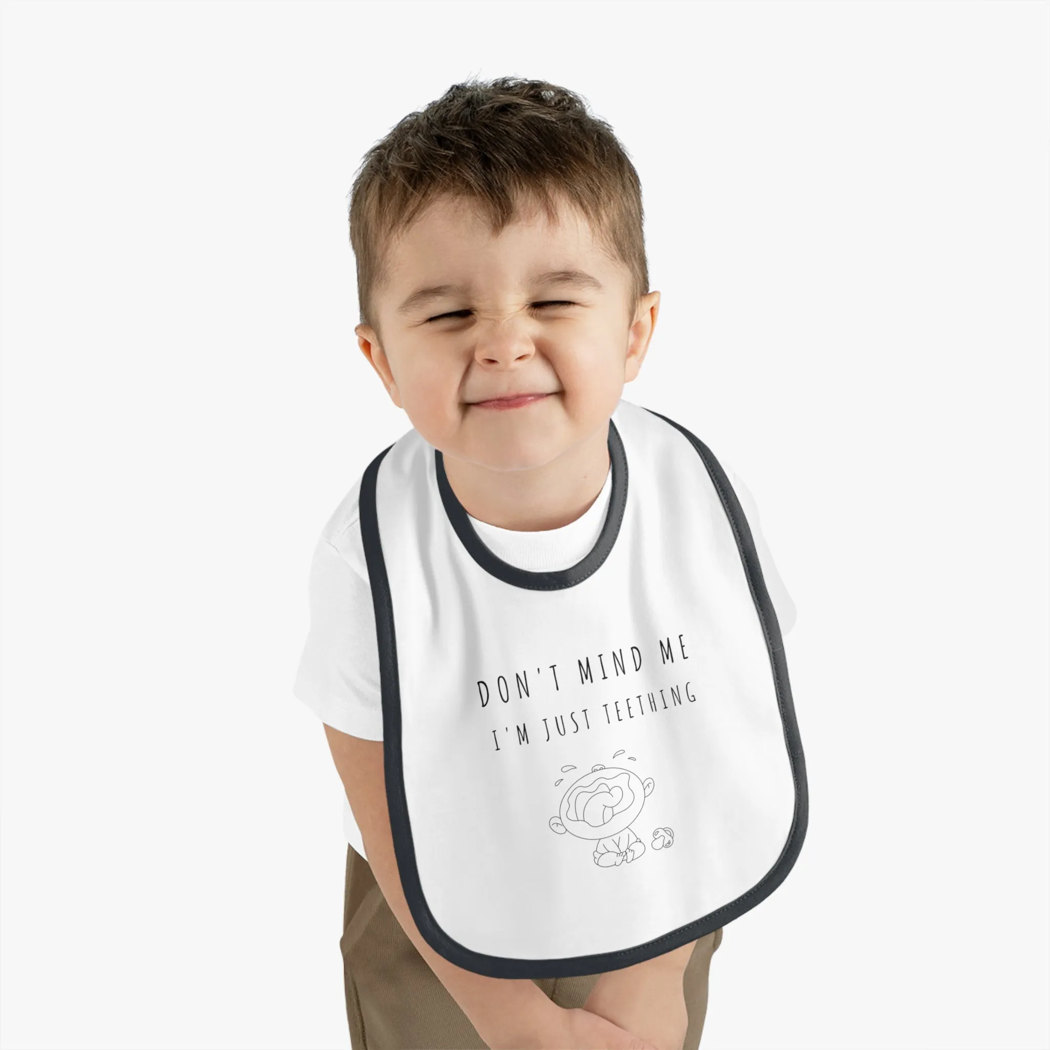 "Don't Mind Me - I'm Just Teething" - Baby Contrast Trim Jersey Bib - BW