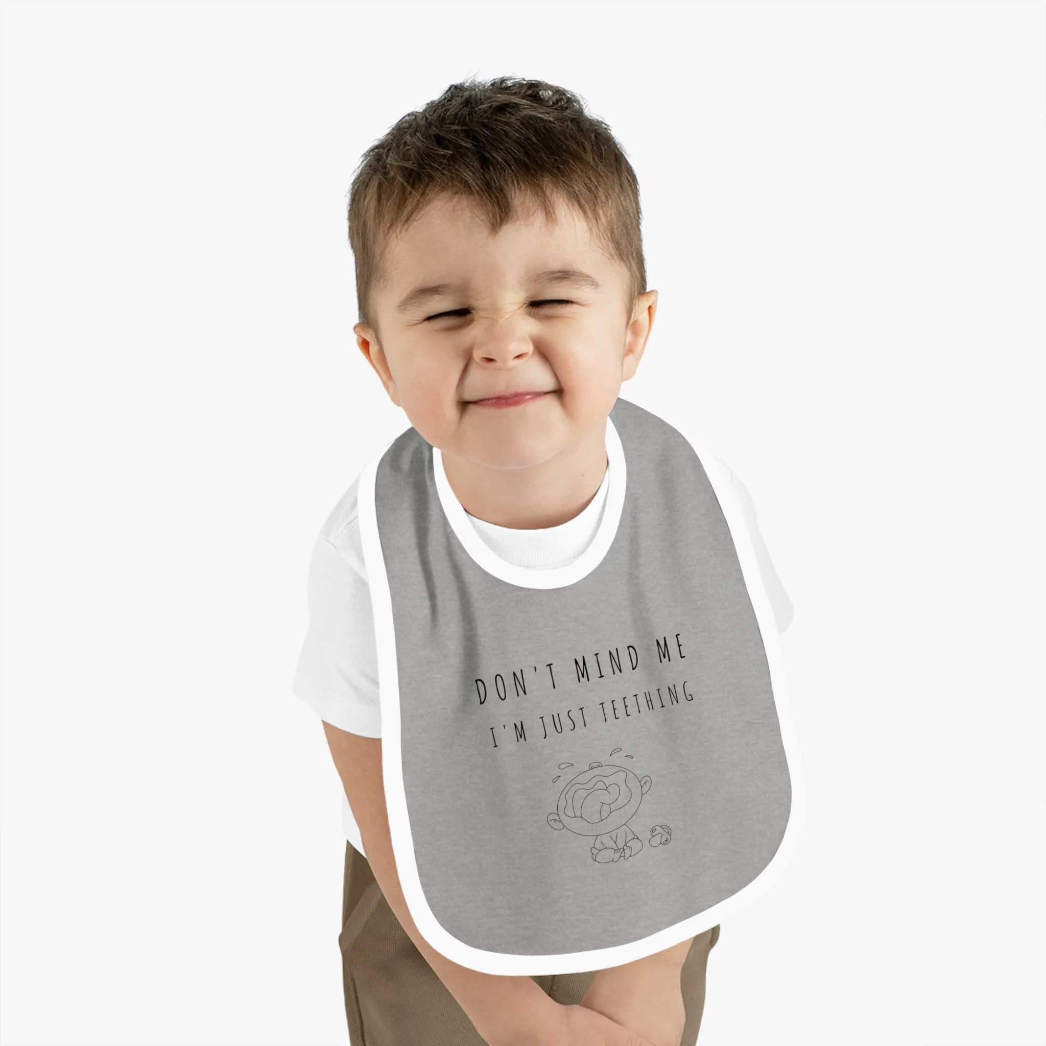 "Don't Mind Me - I'm Just Teething" - Baby Contrast Trim Jersey Bib - BW