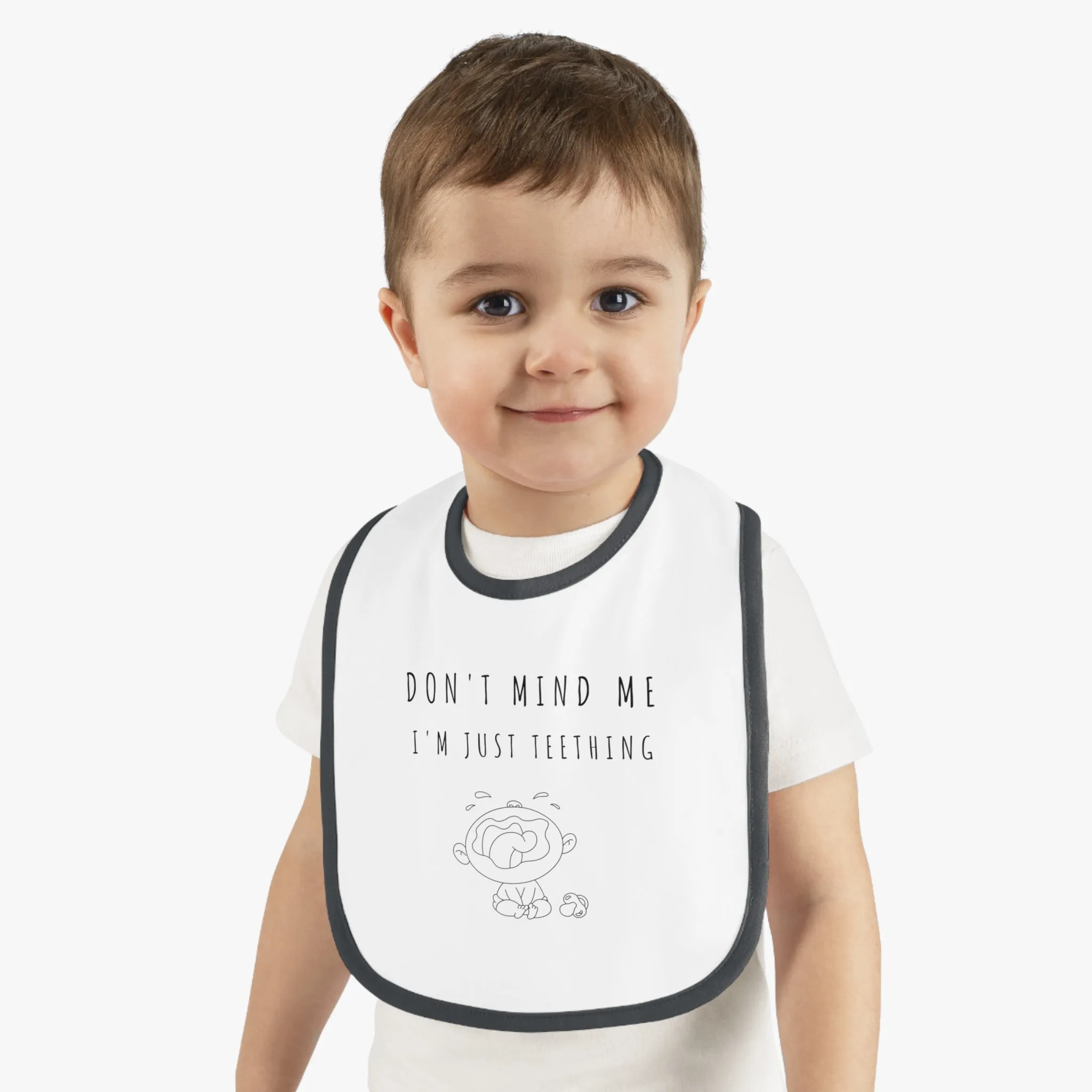 "Don't Mind Me - I'm Just Teething" - Baby Contrast Trim Jersey Bib - BW